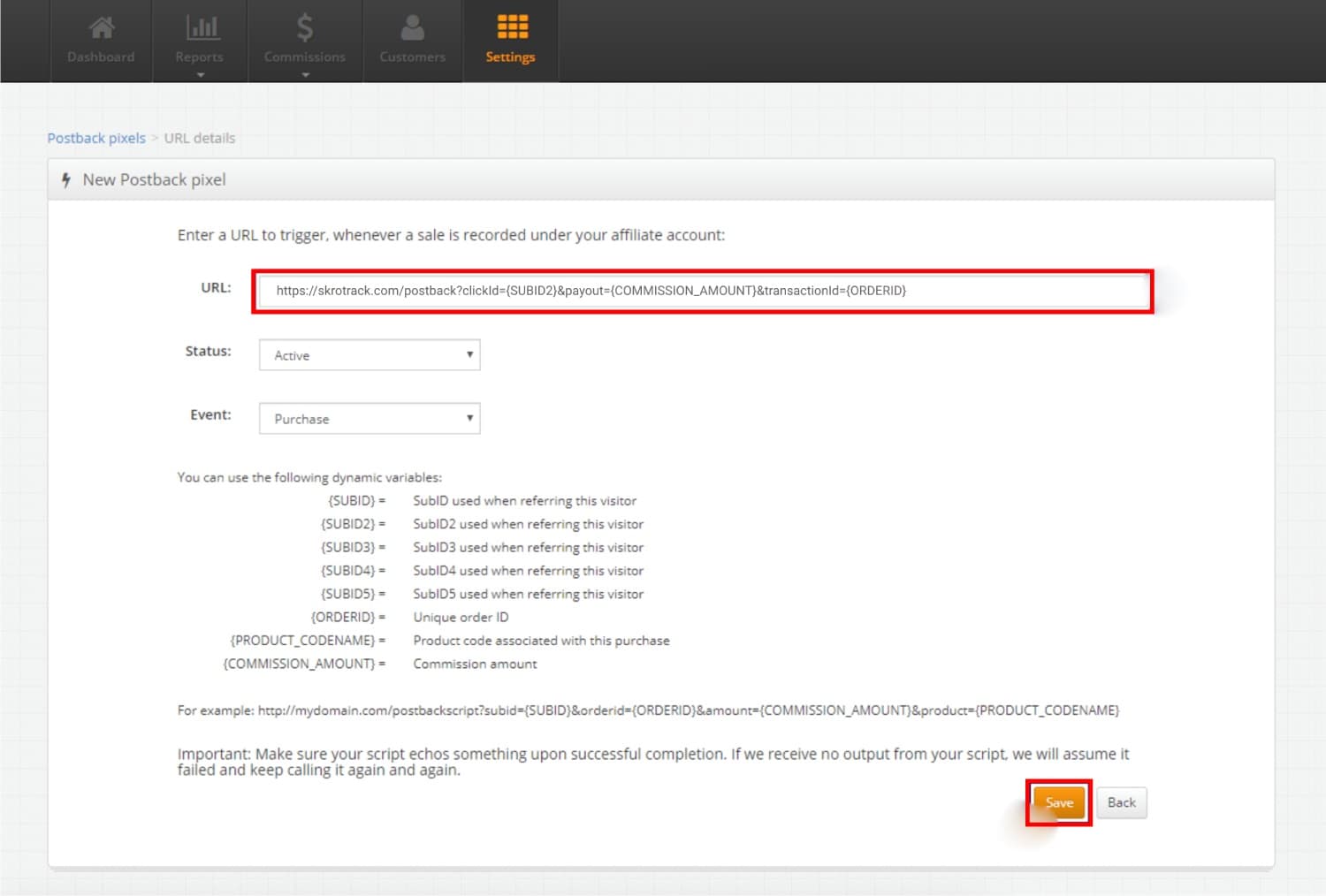 Add maxWeb postback pixel