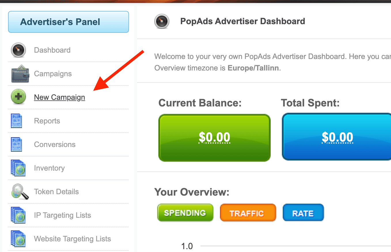 Create a PopAds campaign step 1