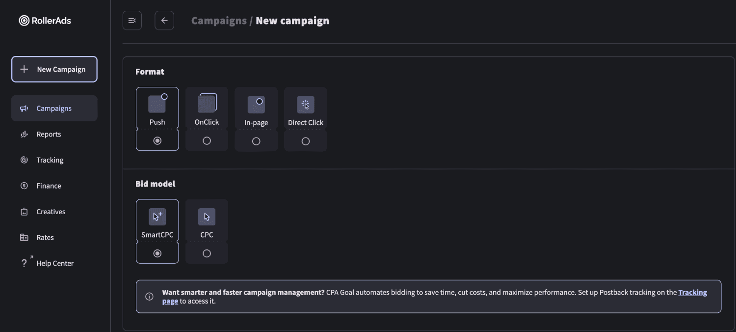 Step 2. Create a campaign on RollerAds.