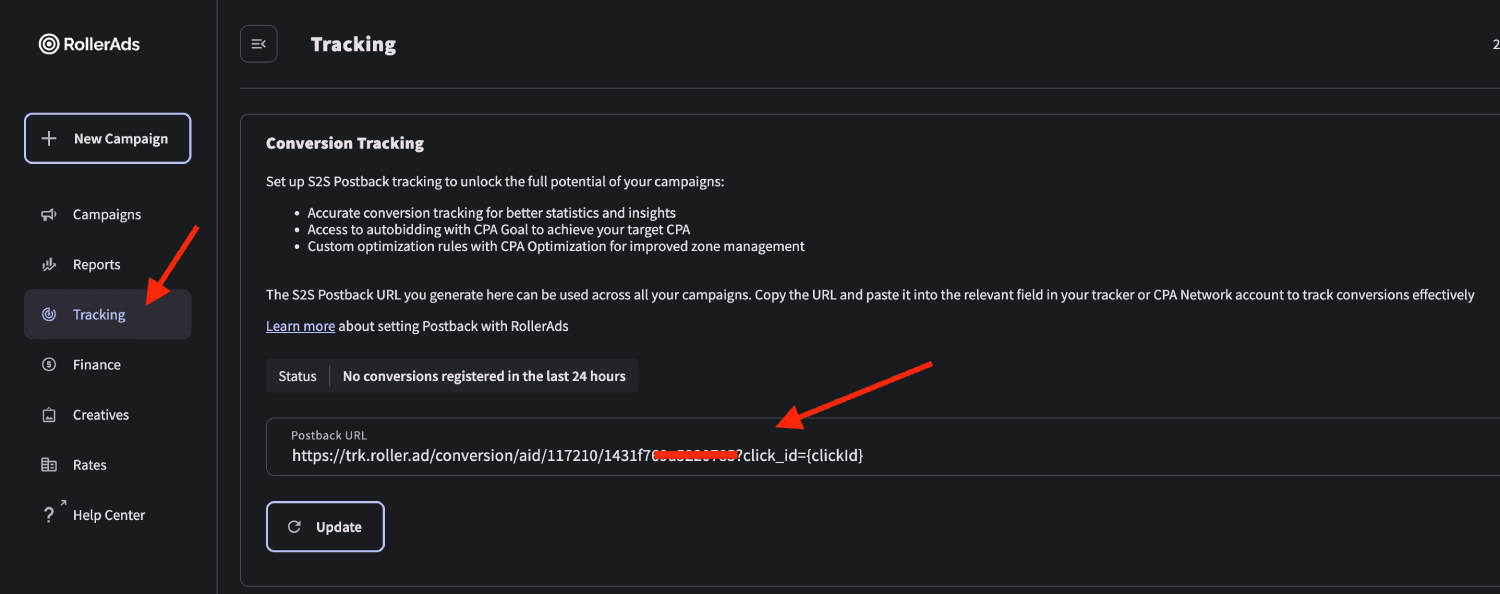 Copy RollerAds Postback URL