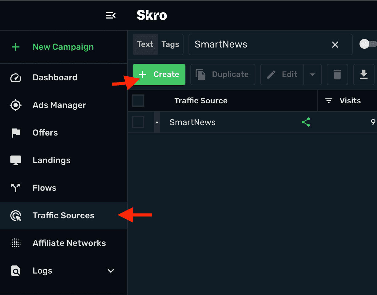 Setup SmartNews traffic source Step 1