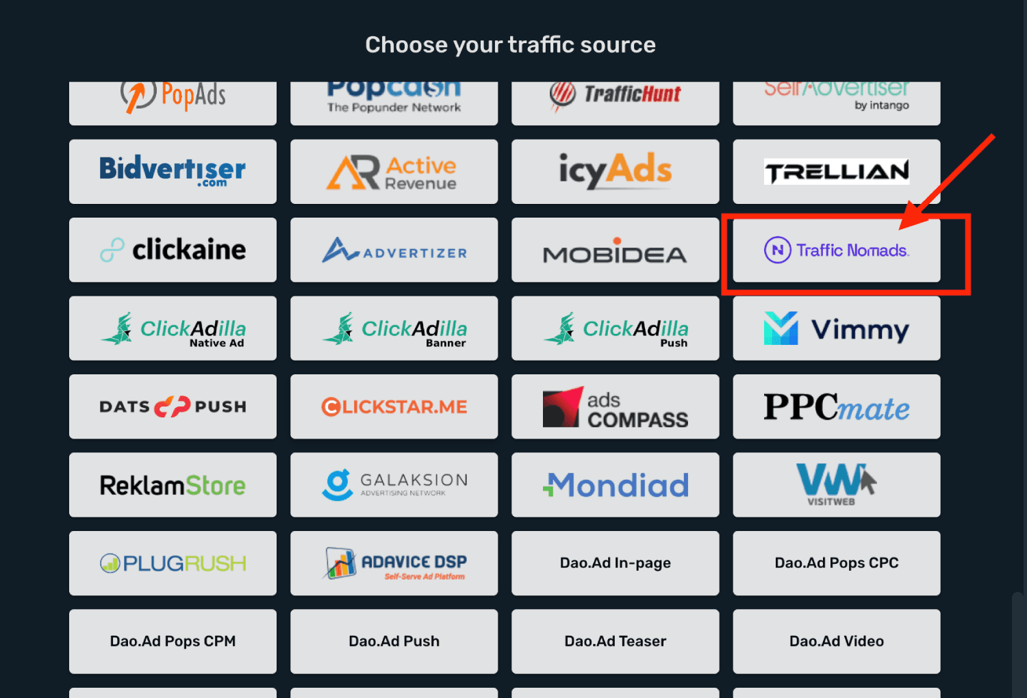 Choose Traffic Nomads on the list