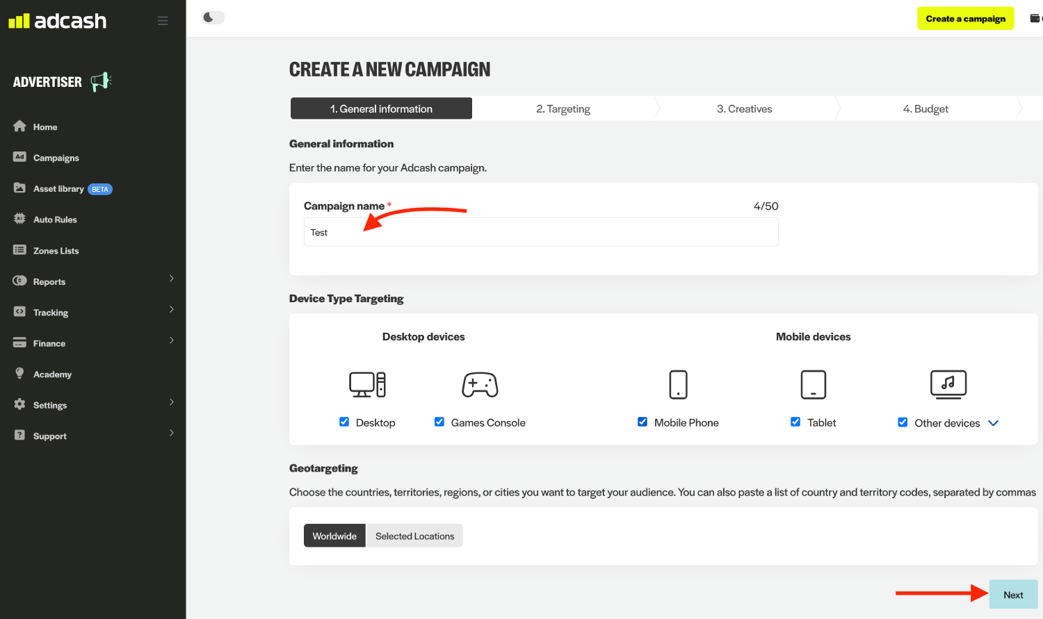 Step 2. Create a campaign on AdCash.