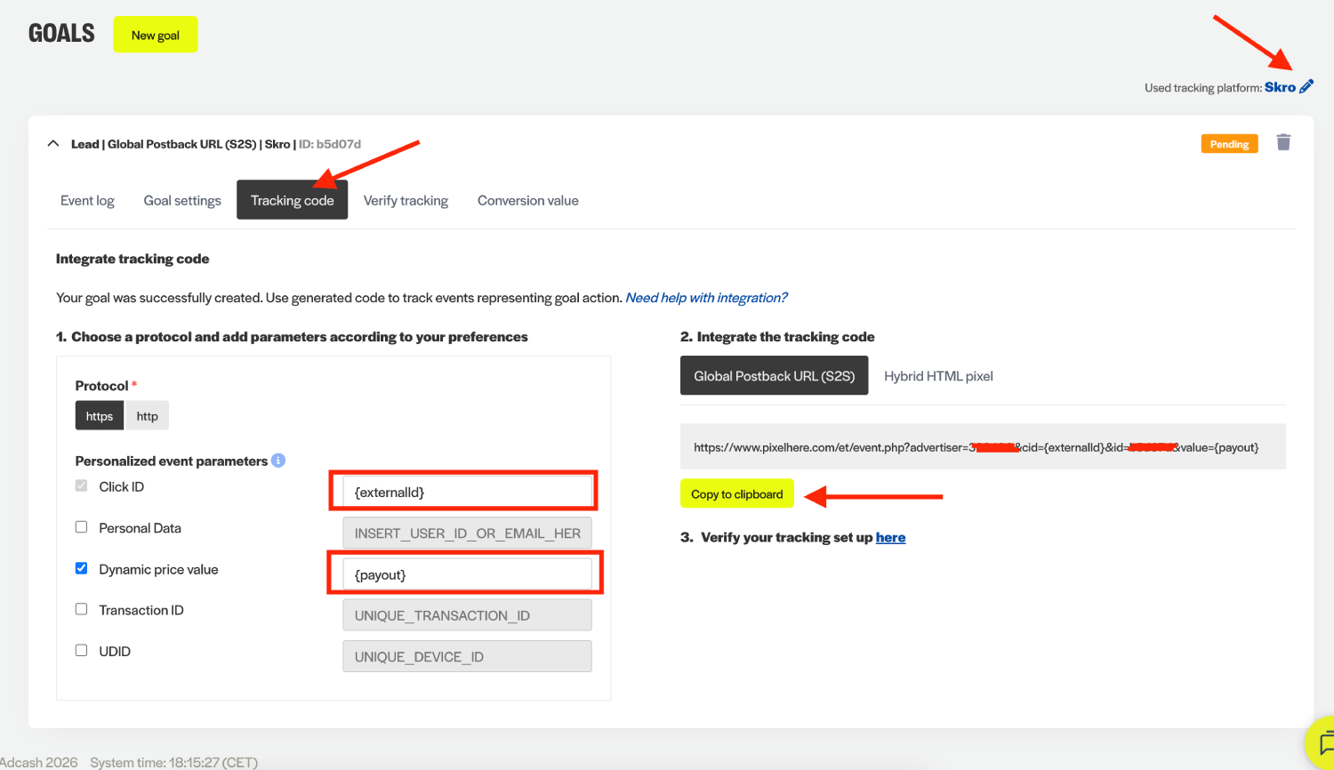 Copy AdCash Postback URL