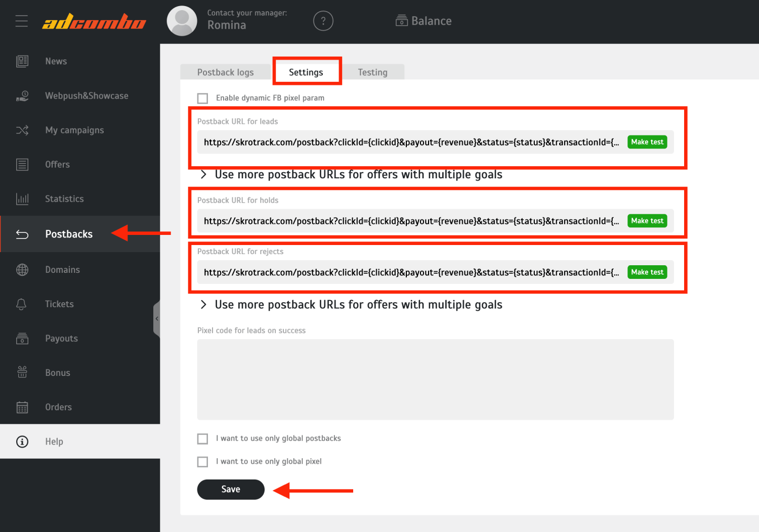 Add Adcombo postback URL 1