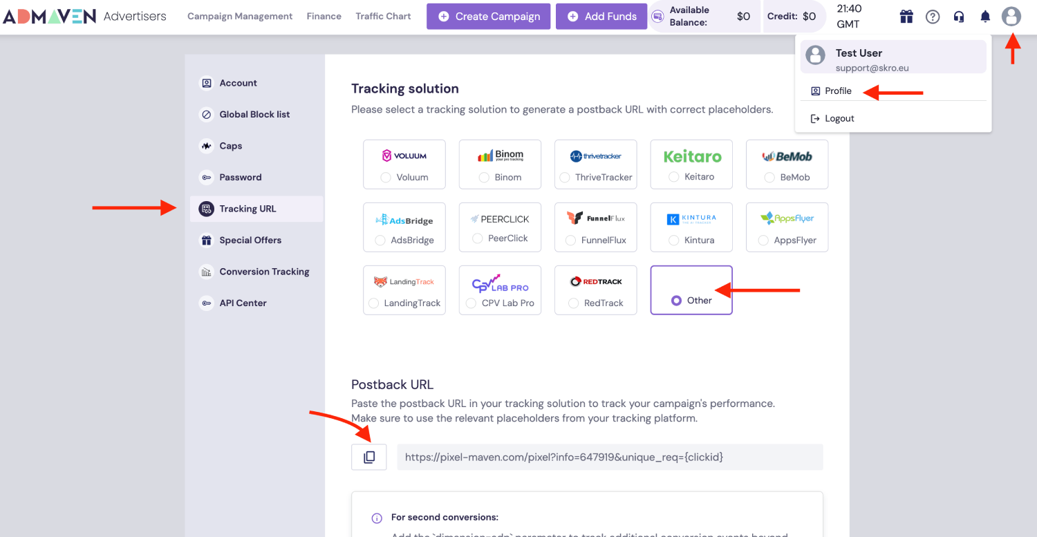 Copy AdMaven Postback URL