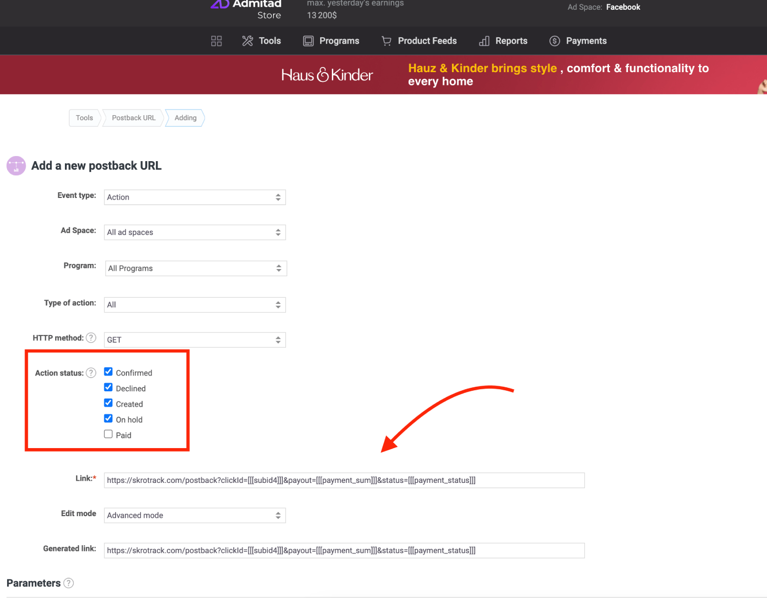 Add Admitad postback URL 3