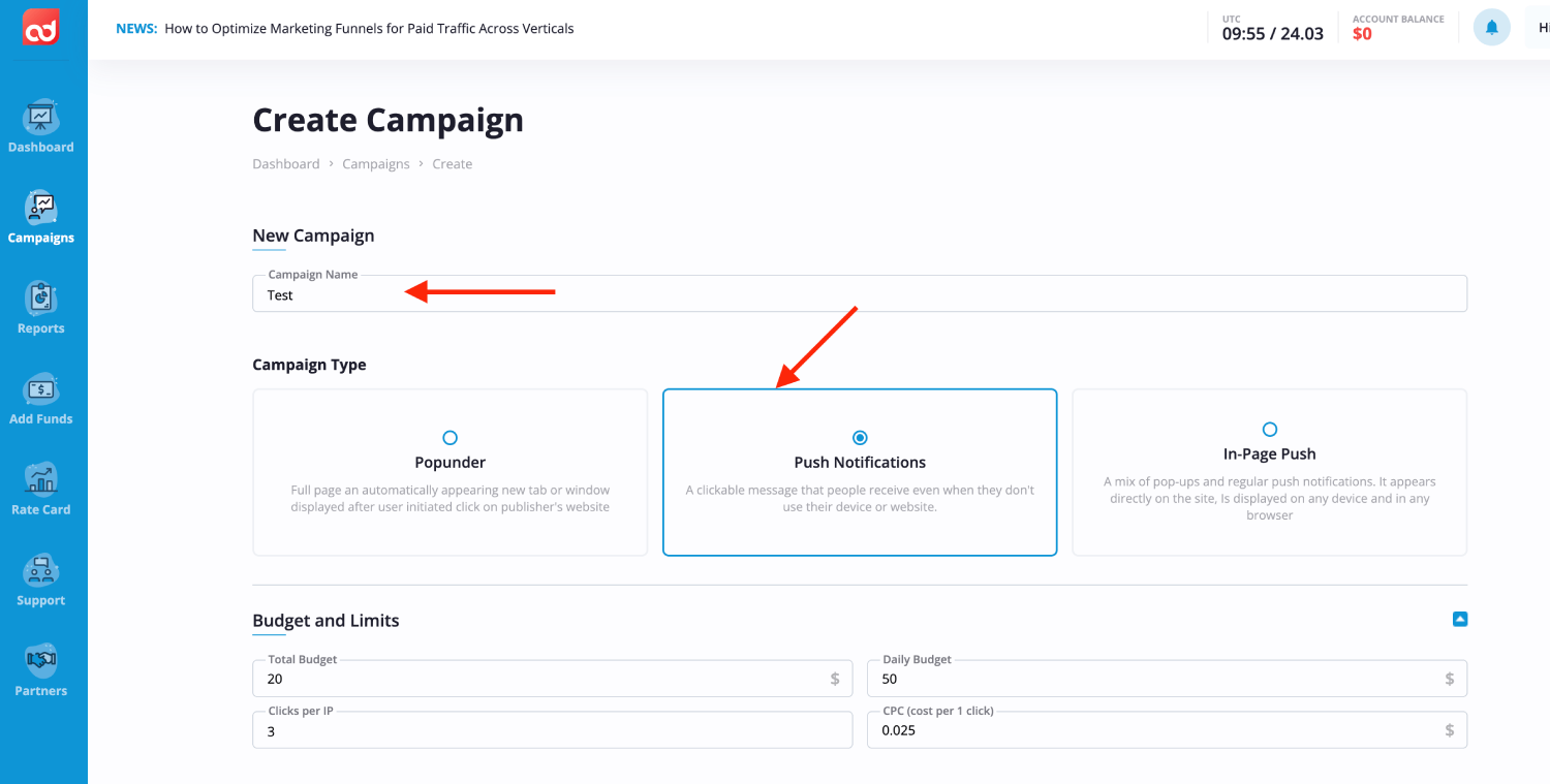 Step 3. Create a campaign on AdOperator.