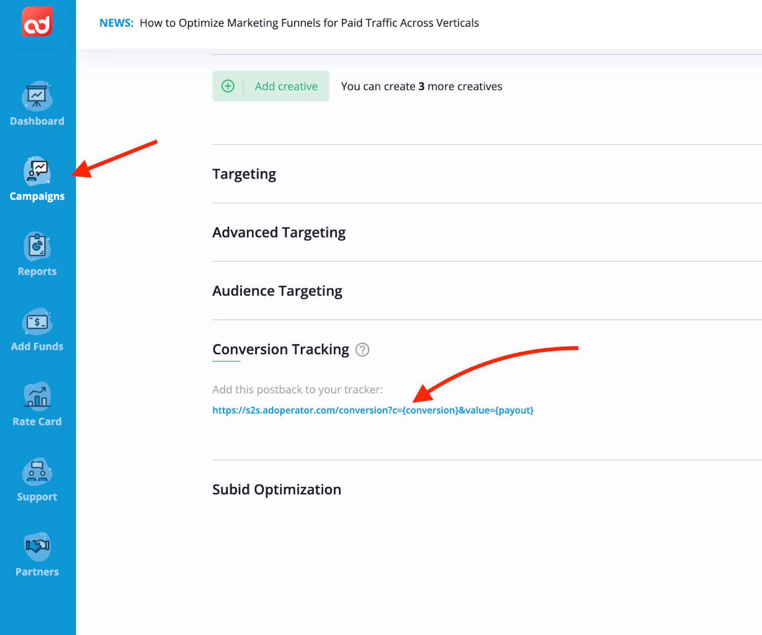 Copy AdOperator Postback URL