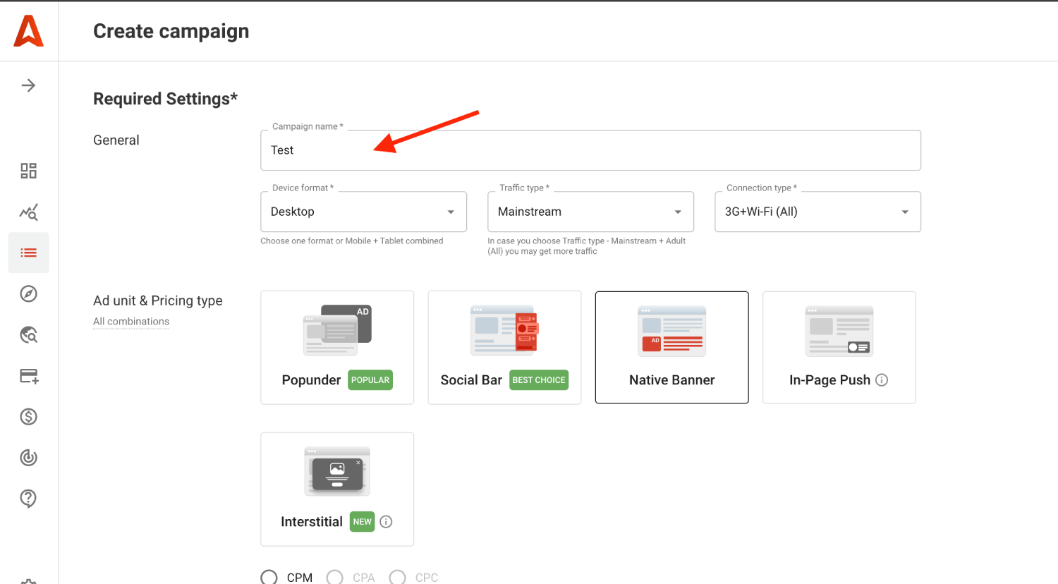 Step 2. Create a campaign on Adsterra.