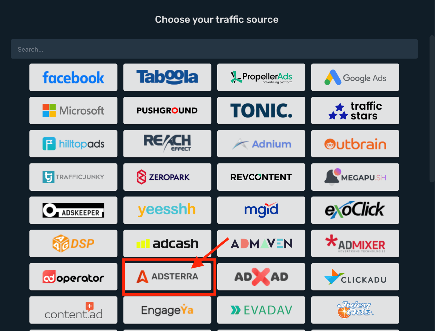 Choose Adsterra on the list
