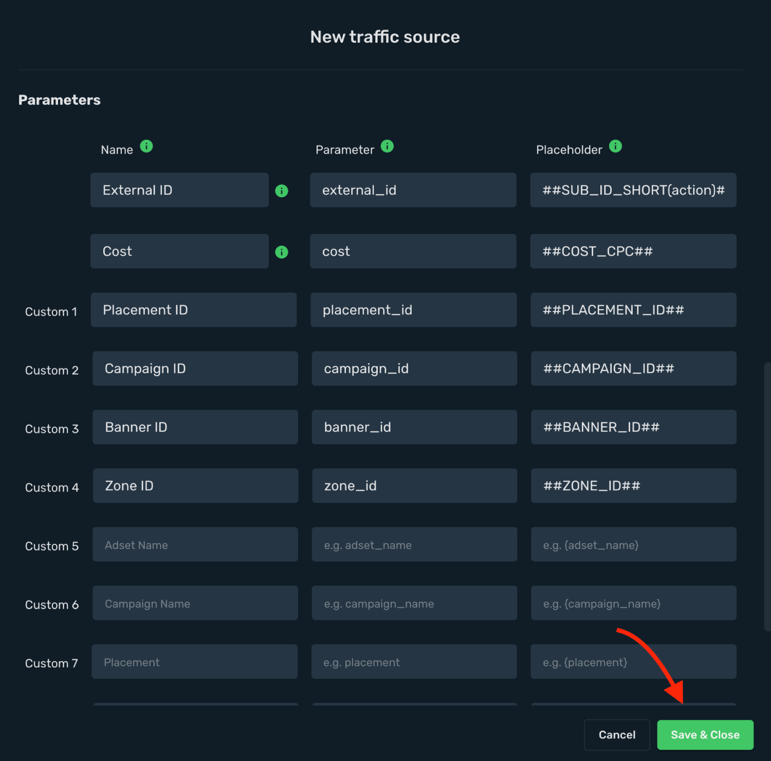 Pre-filled Adsterra Postback URL macros