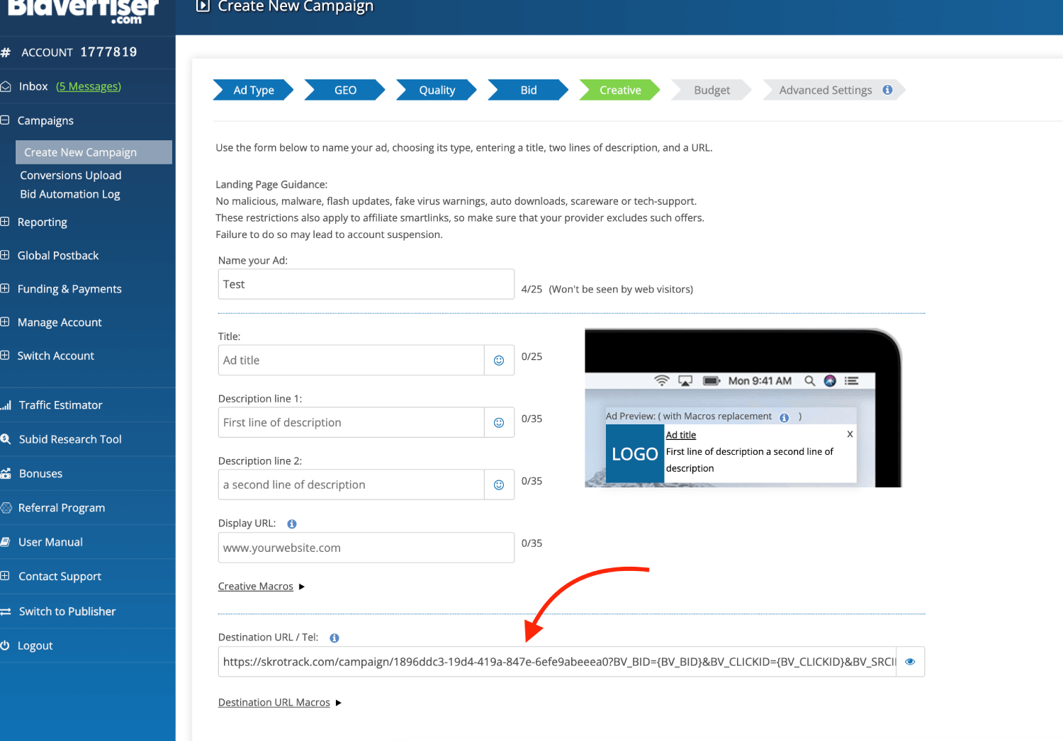 Step 3. Create a campaign on BidVertiser.