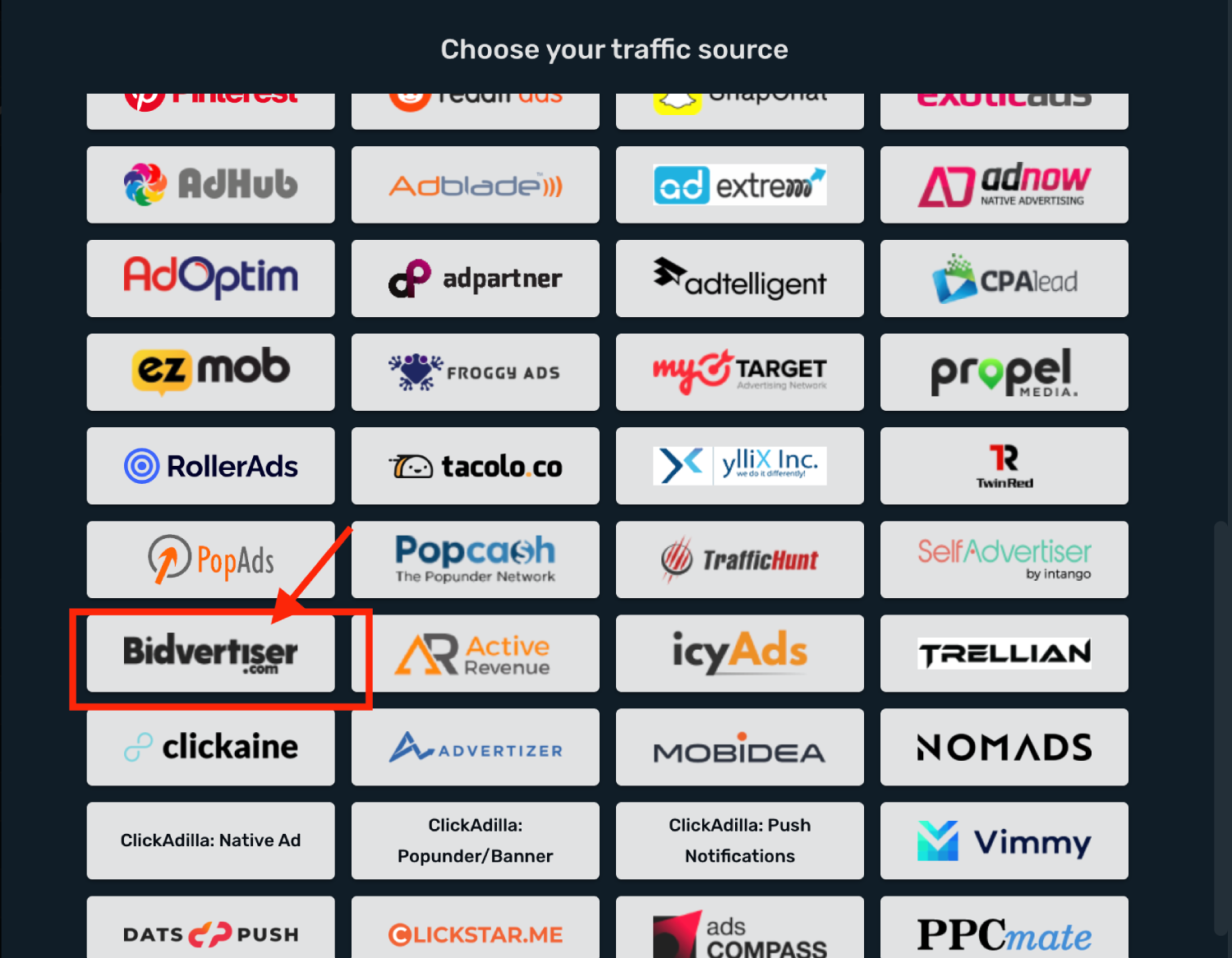 Choose BidVertiser on the list