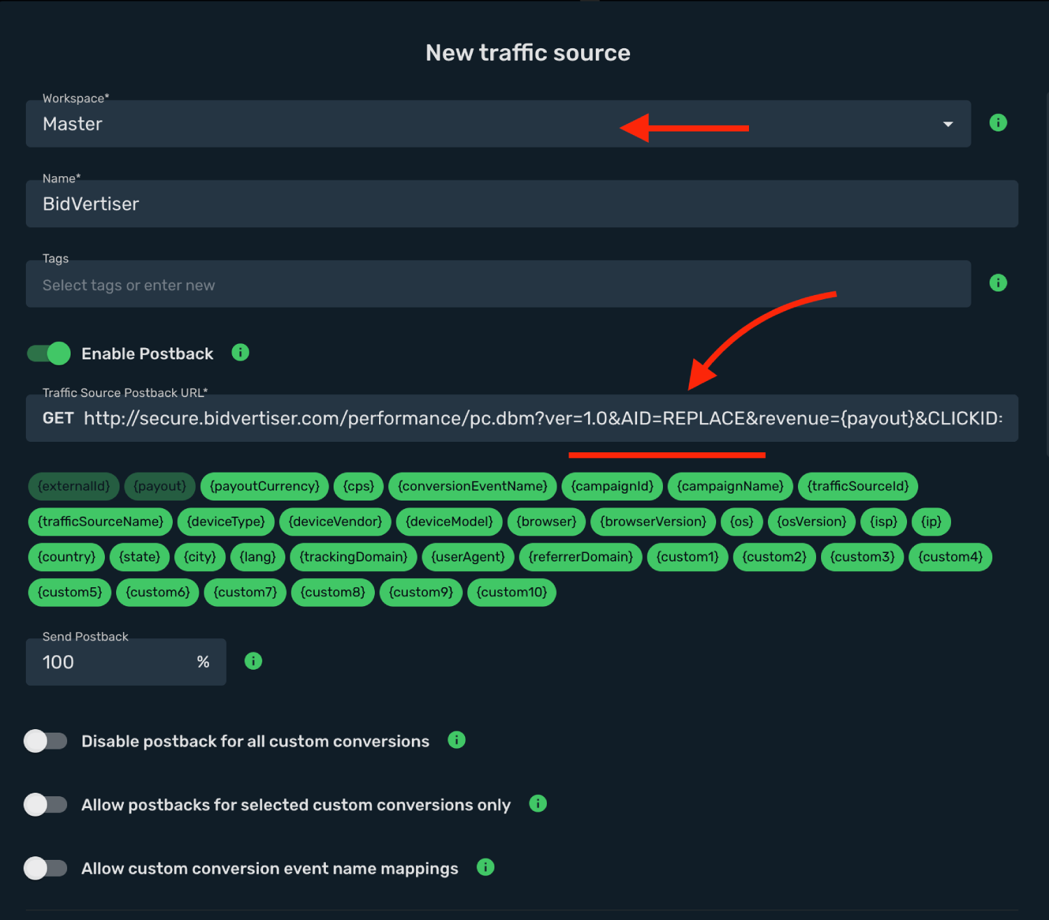 Set BidVertiser postback URL