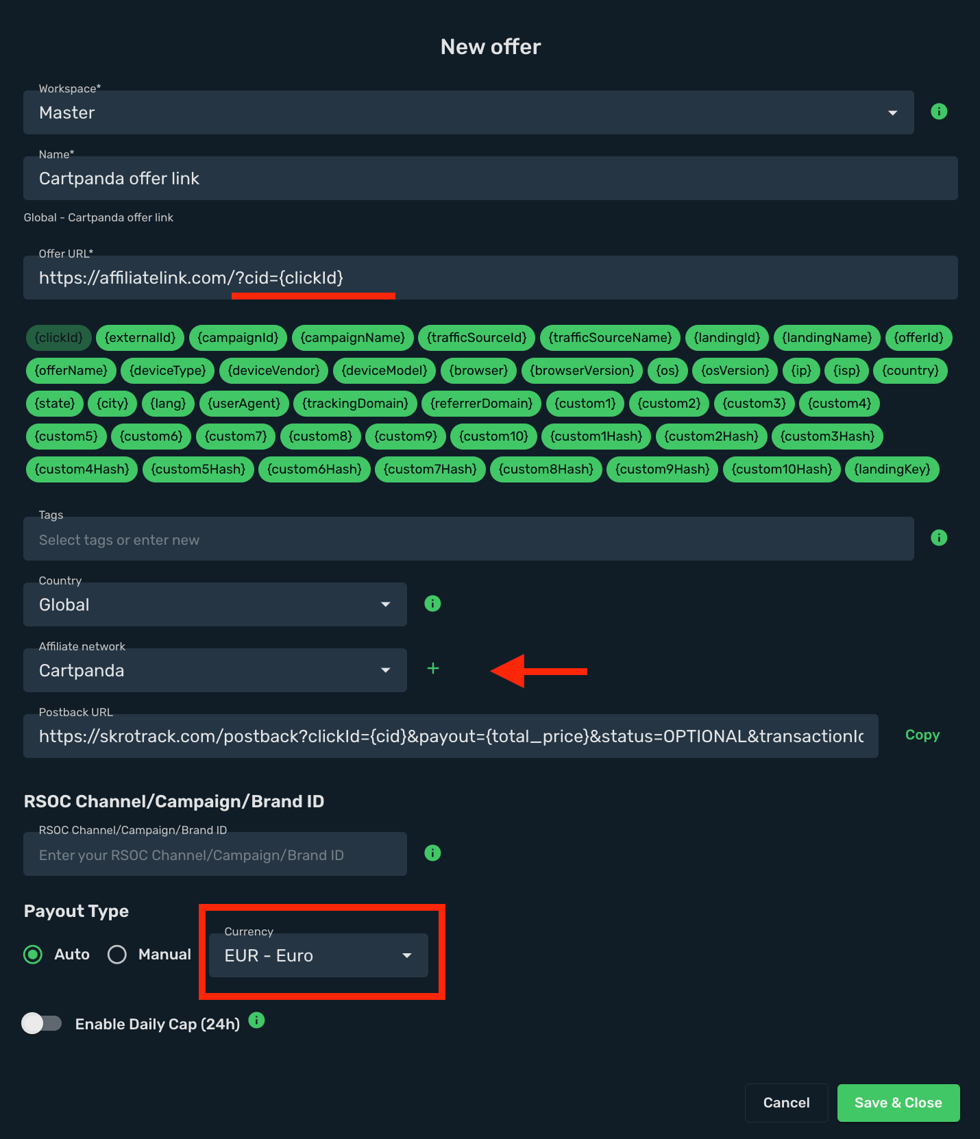Setup Cartpanda affiliate link URL.
