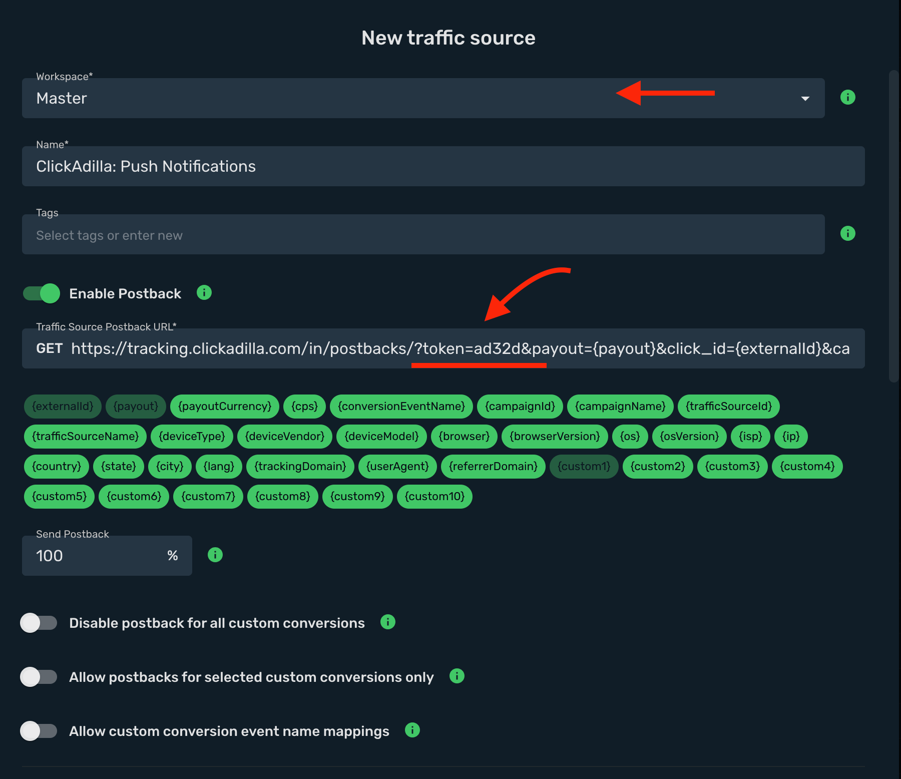 Set ClickAdilla postback URL