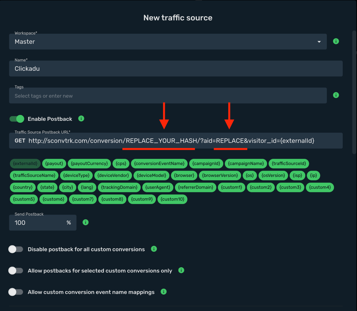 Set Clickadu postback URL