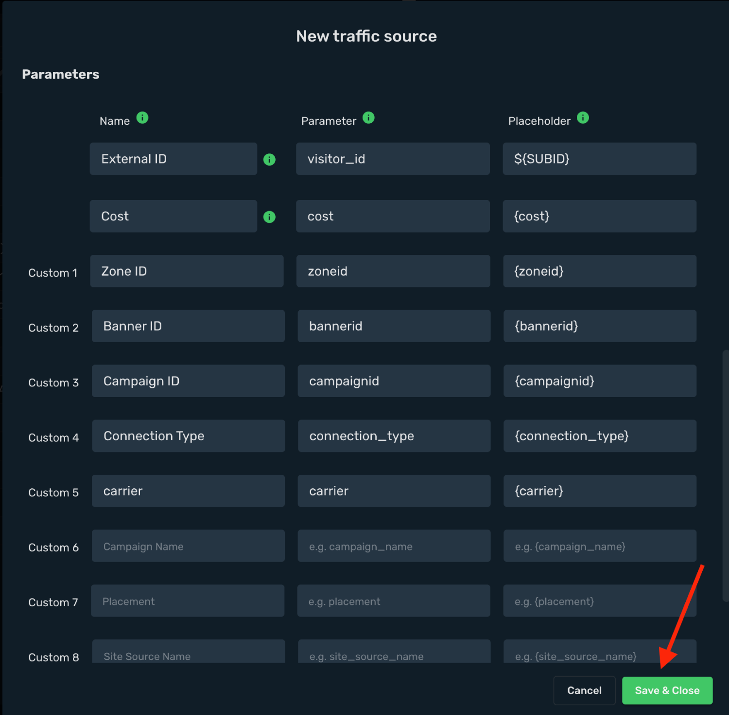 Set Clickadu tracking parameters