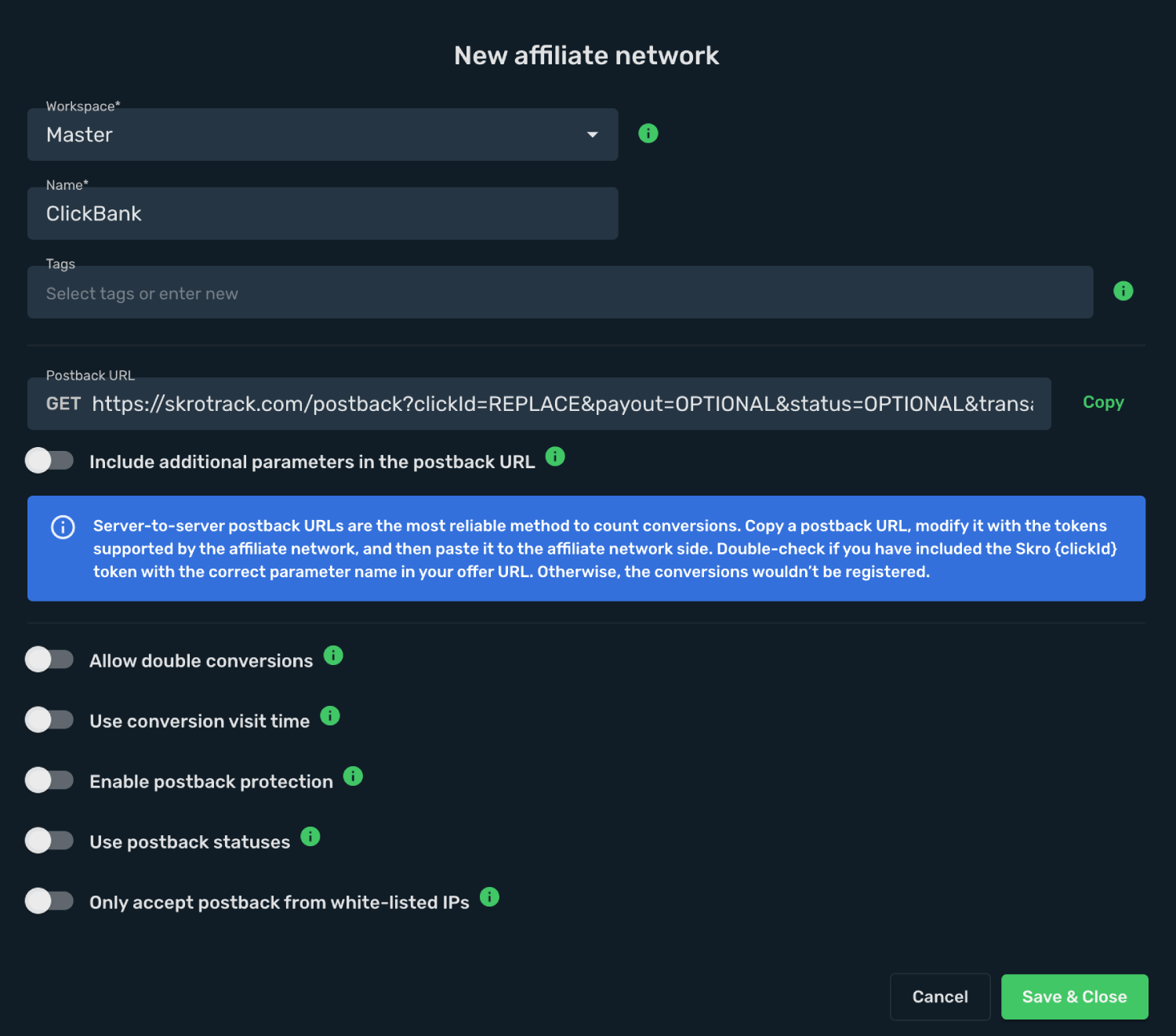 Add ClickBank as affiliate network into Skro