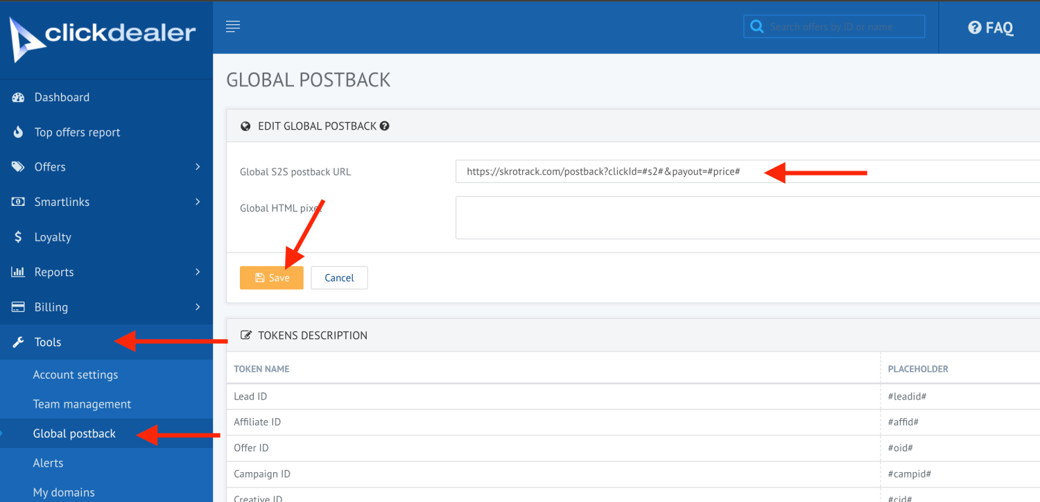 Add Clickdealer postback URL