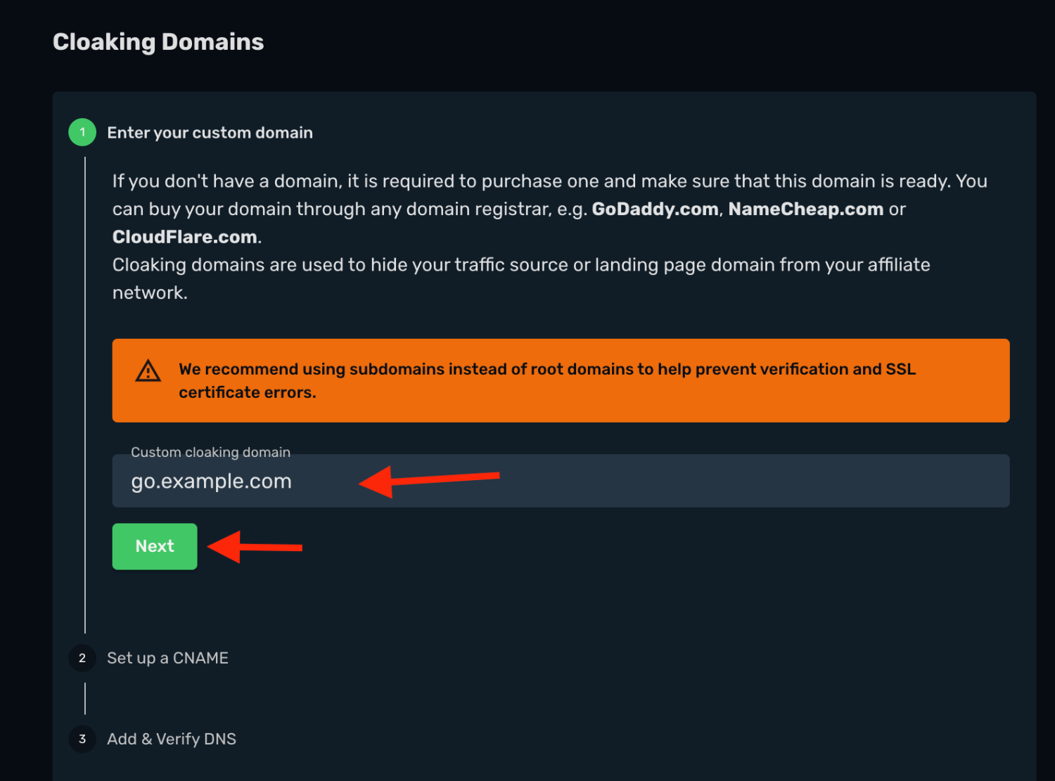 Add a custom cloaking domain in Skro