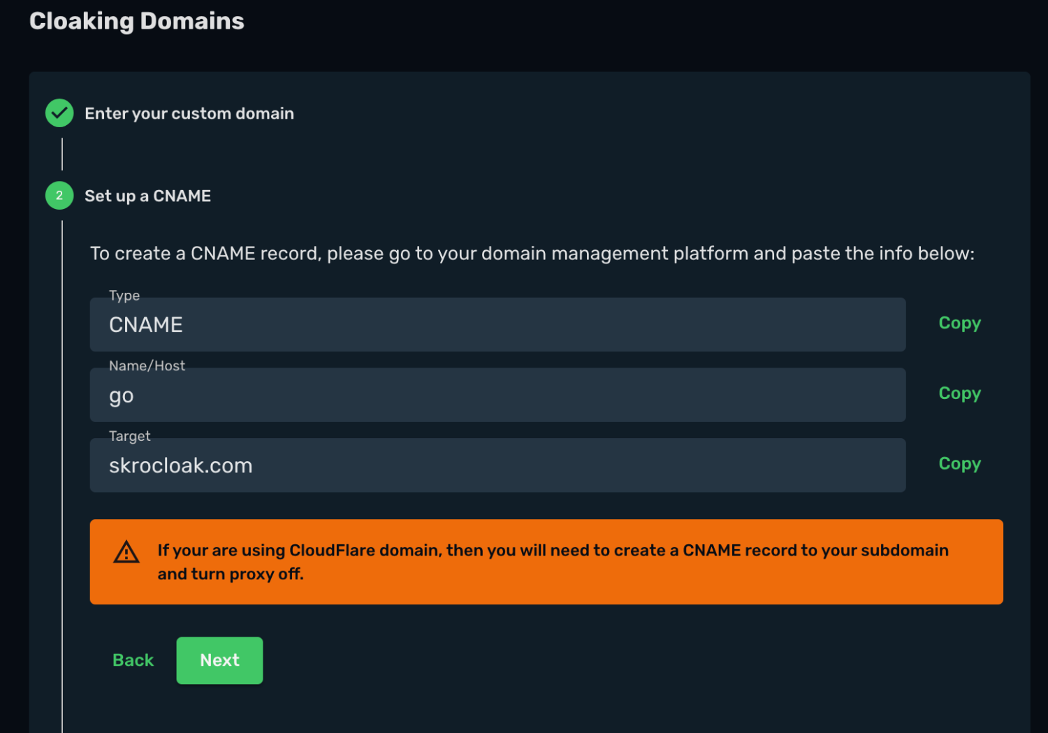 CNAME configuration for the domain