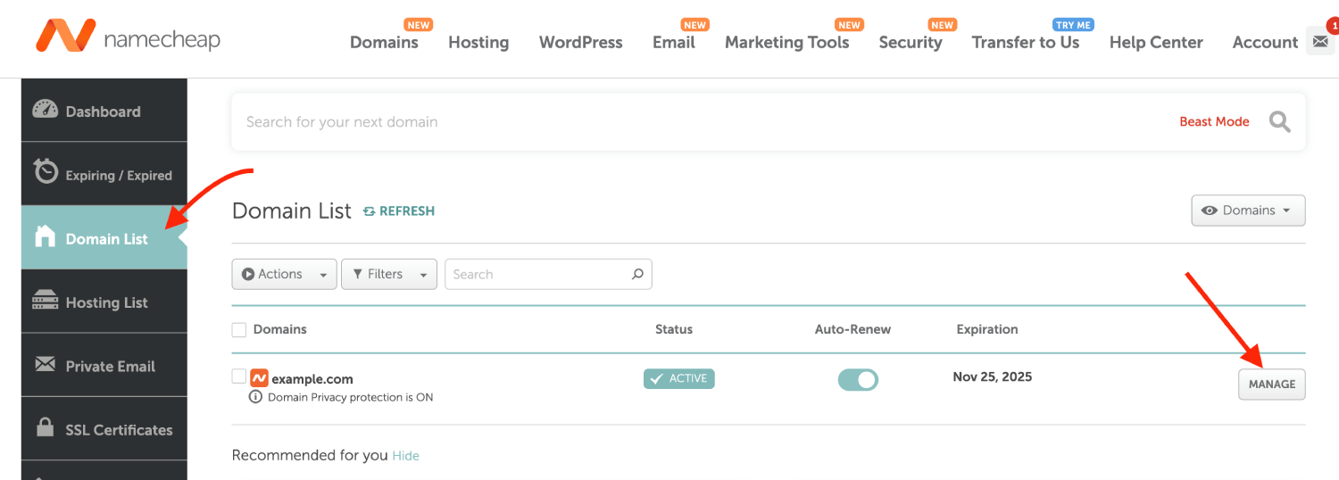 Open the domain settings in Namecheap