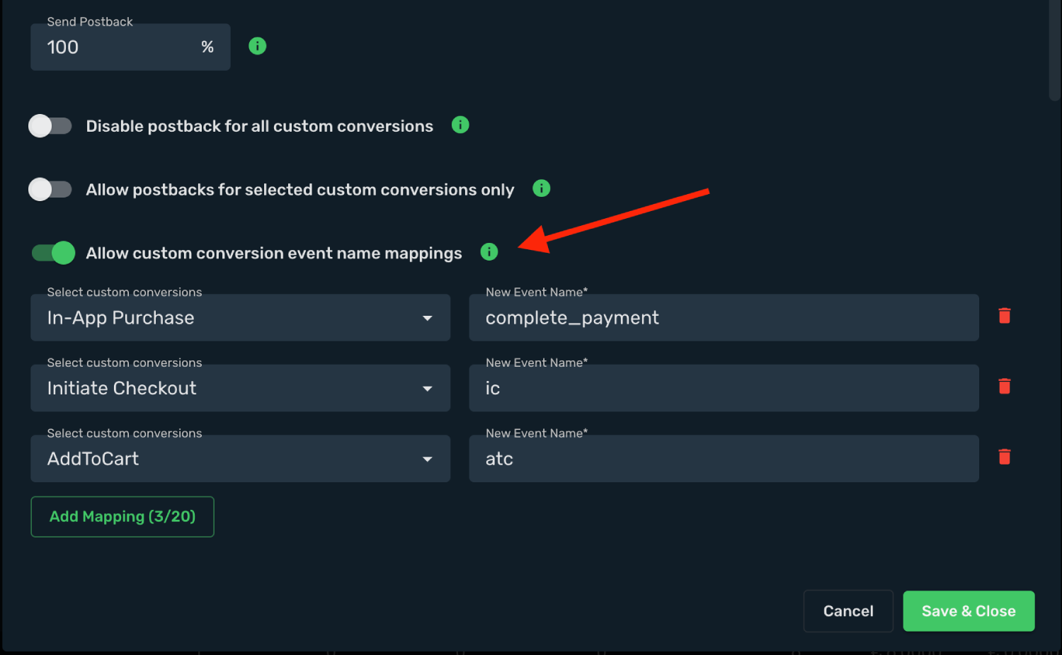 Configure custom conversion event mappings