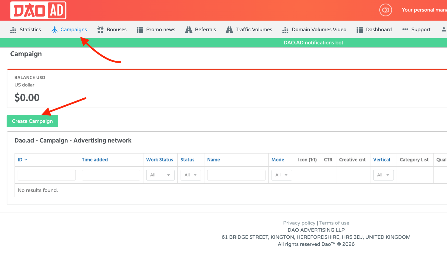 Step 3. Create a campaign on Dao.Ad.