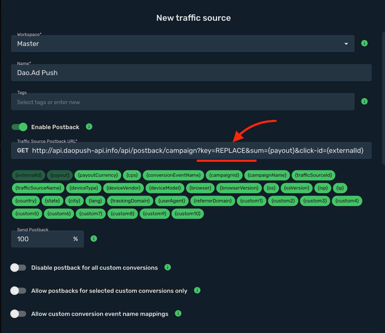 Set Dao.Ad postback URL
