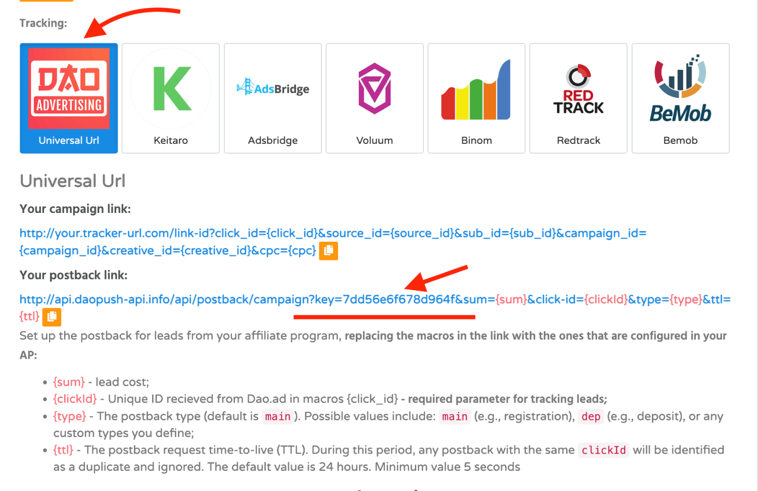 Copy Dao.Ad Postback URL