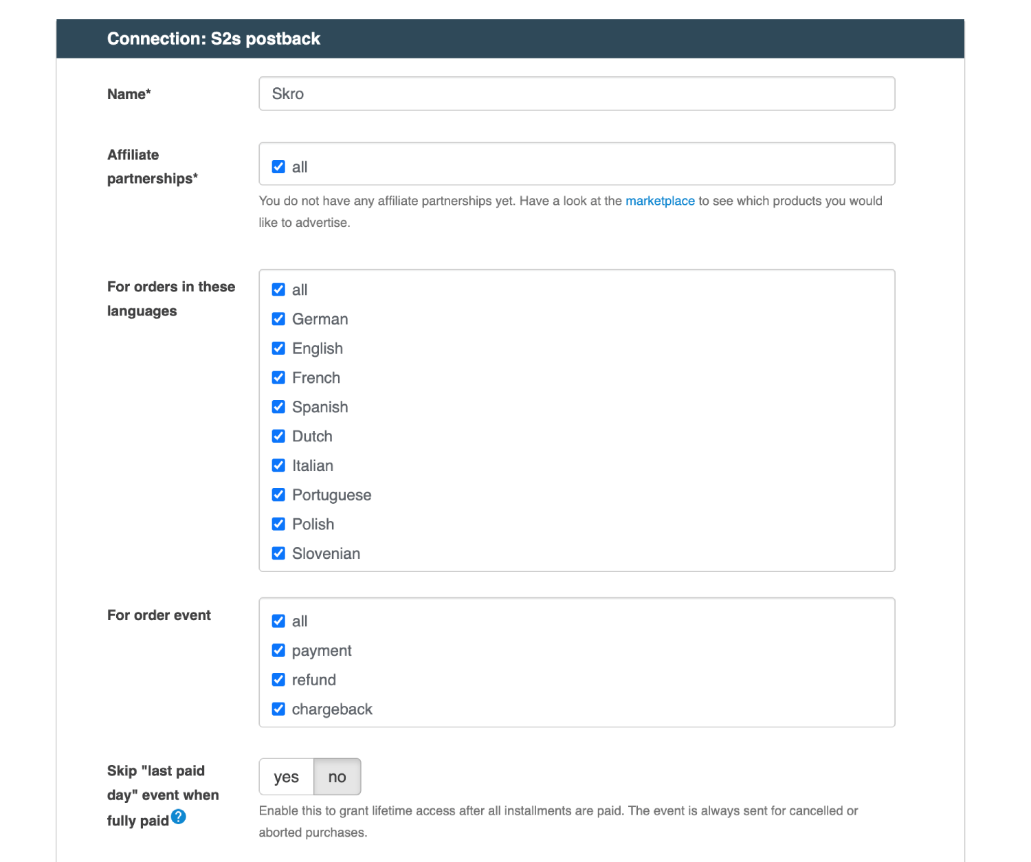 Add Digistore24 postback URL 2