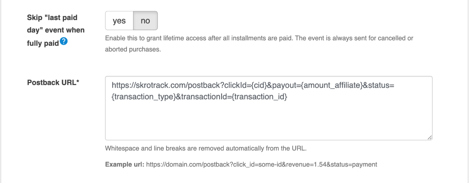 Add Digistore24 postback URL 3