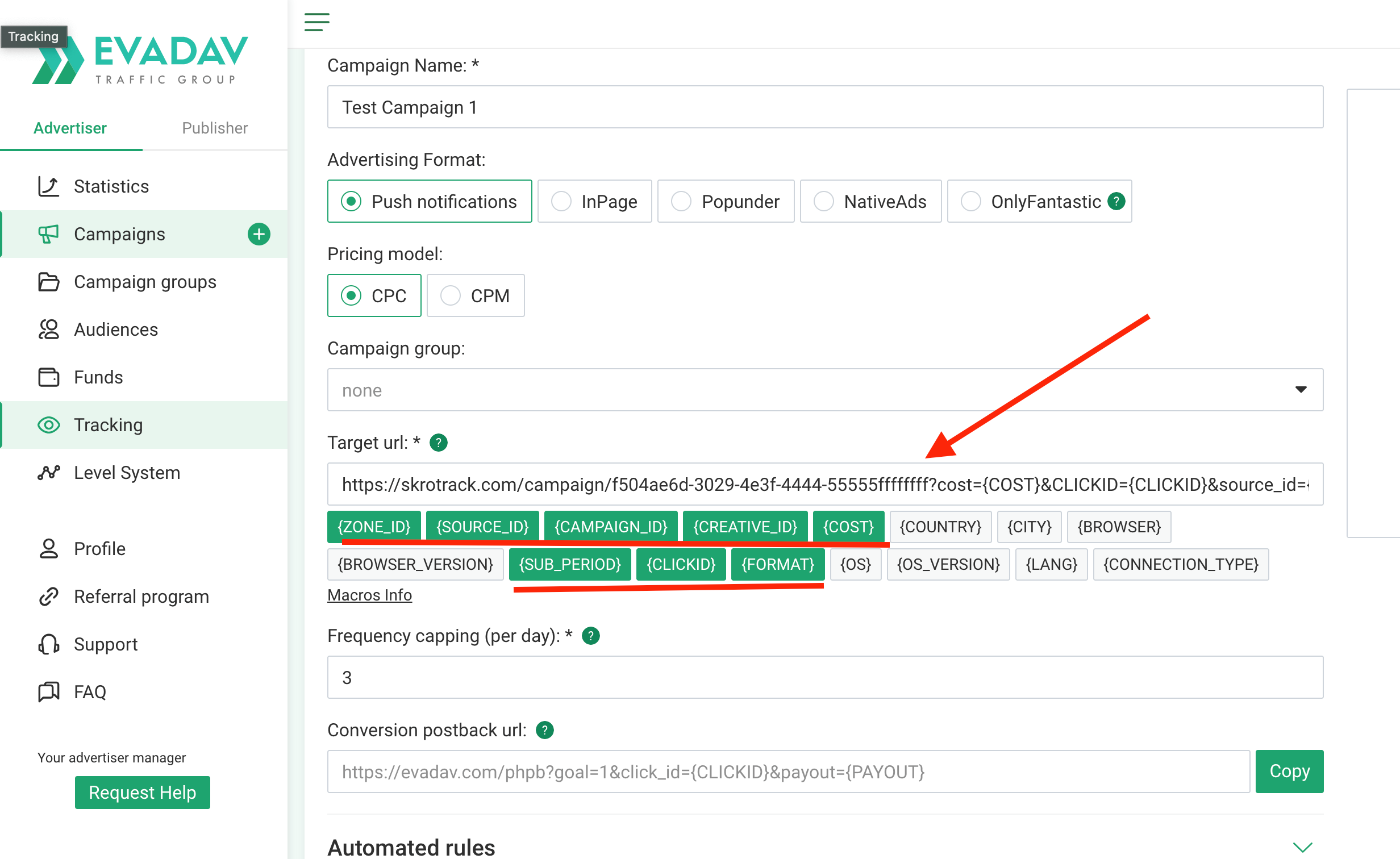Set Evadav tracking parameters
