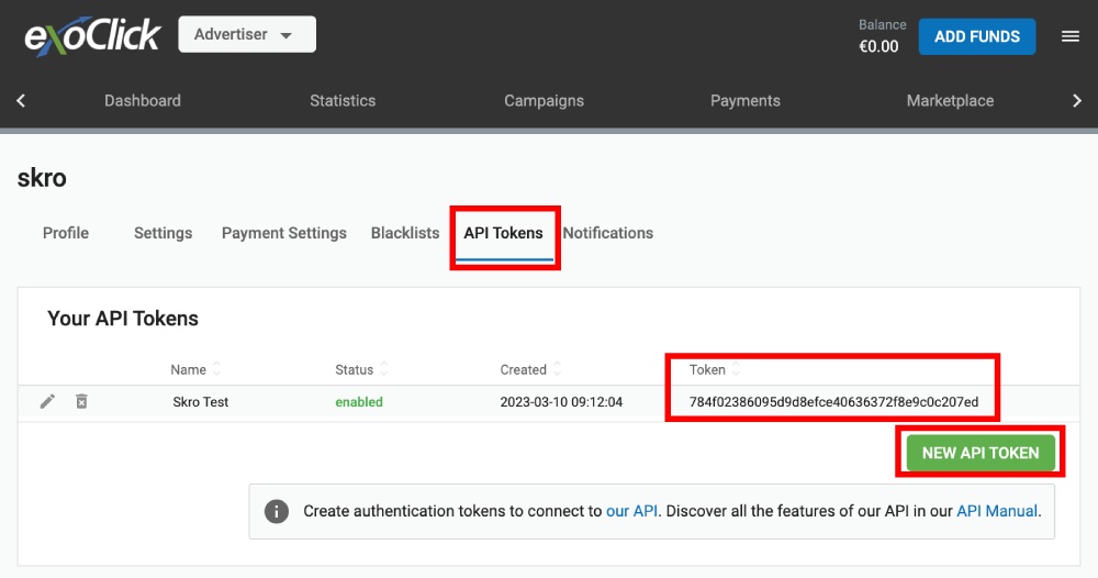 ExoClick API Token 1