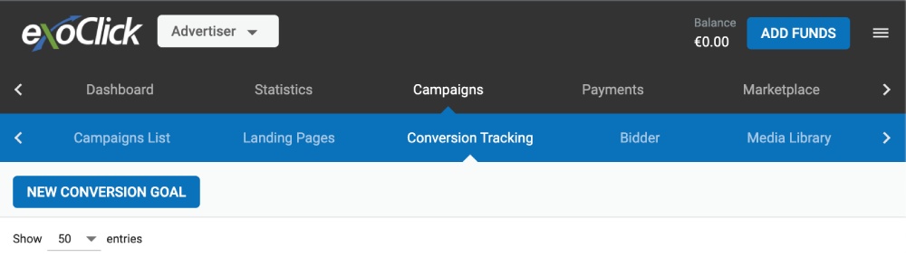 Setup ExoClick conversion tracking step 1