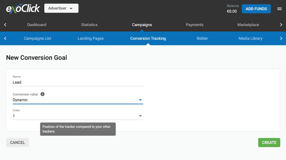Setup ExoClick conversion tracking step 2