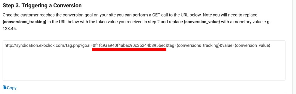 Setup ExoClick conversion tracking step 3