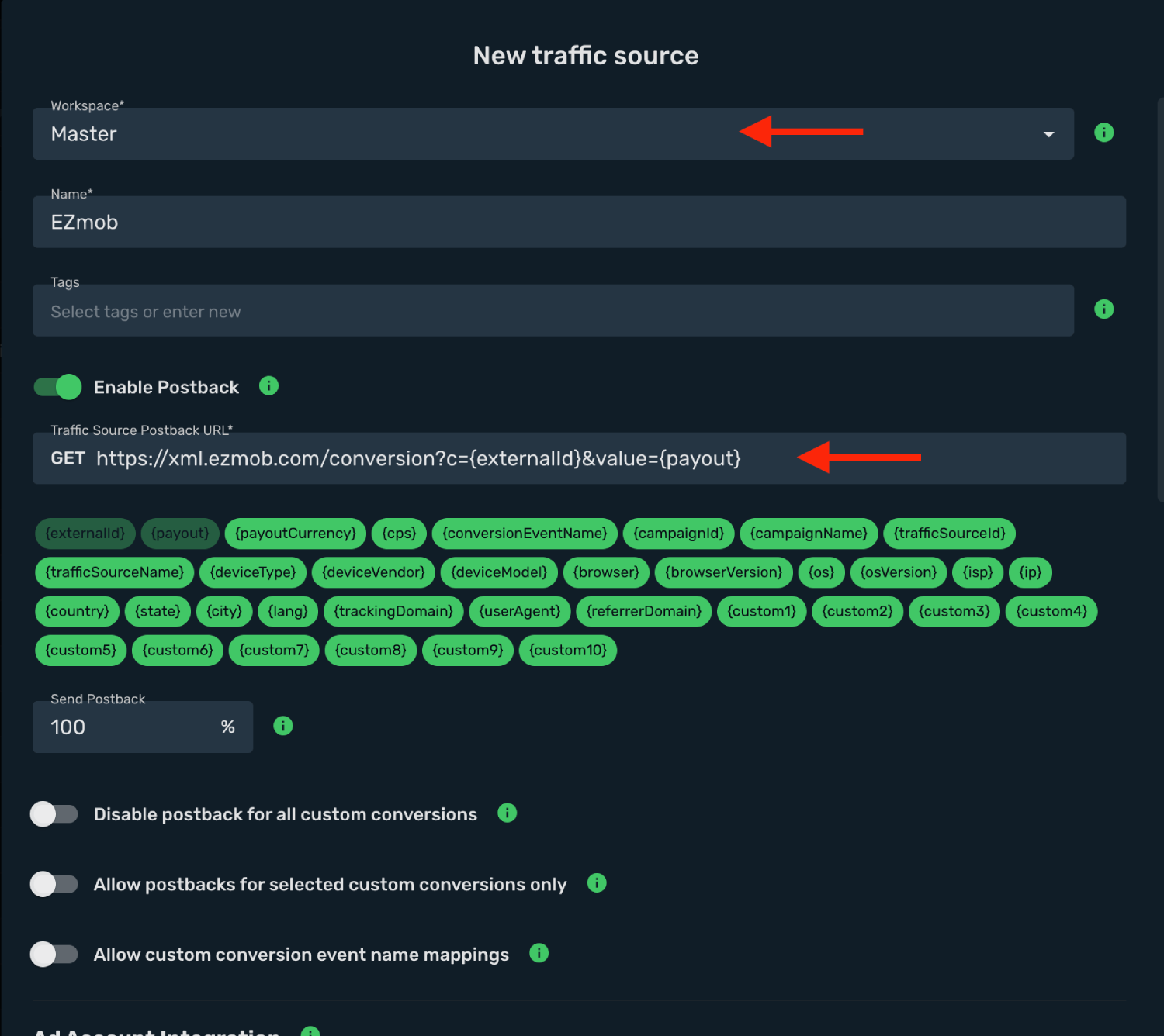 Set EzMob postback URL