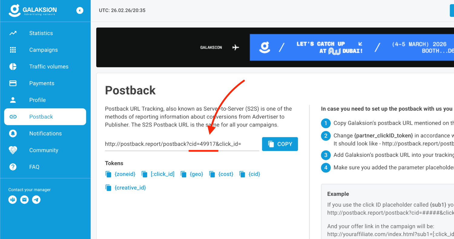 Copy Galaksion Postback URL