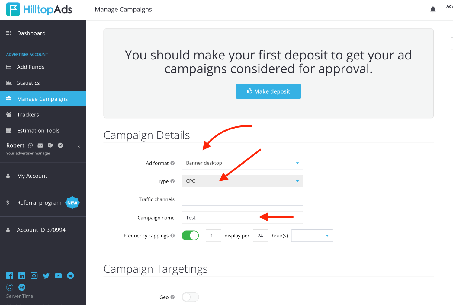 Step 3. Create a campaign in HilltopAds 2
