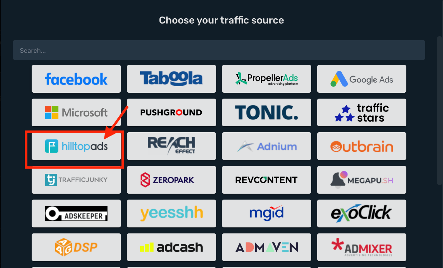 Choose HilltopAds on the list
