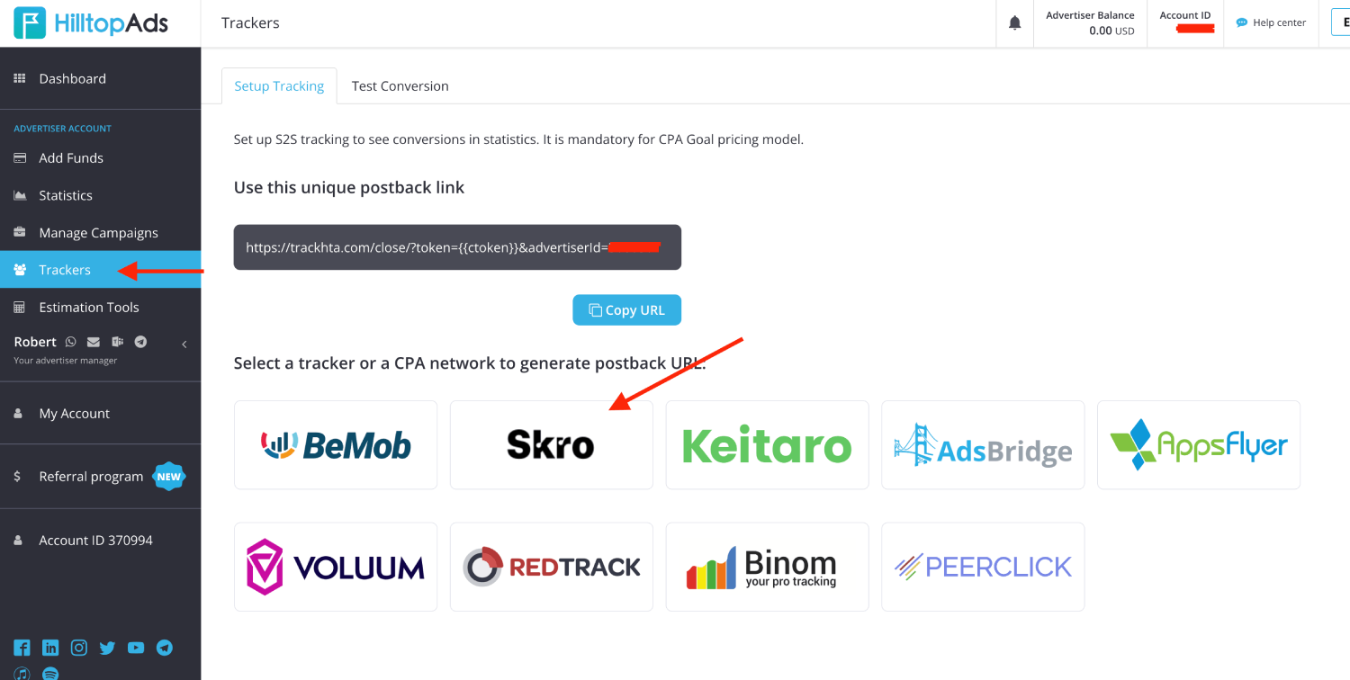 Copy HilltopAds Postback URL