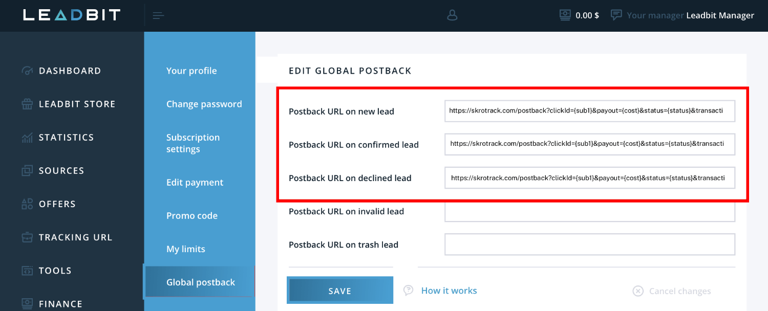 Add Leadbit postback URL 2