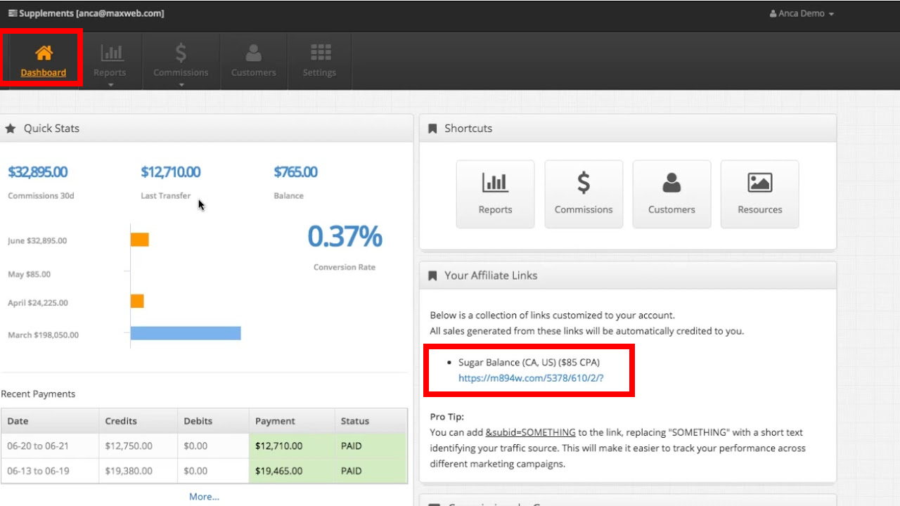 MaxWeb dashboard