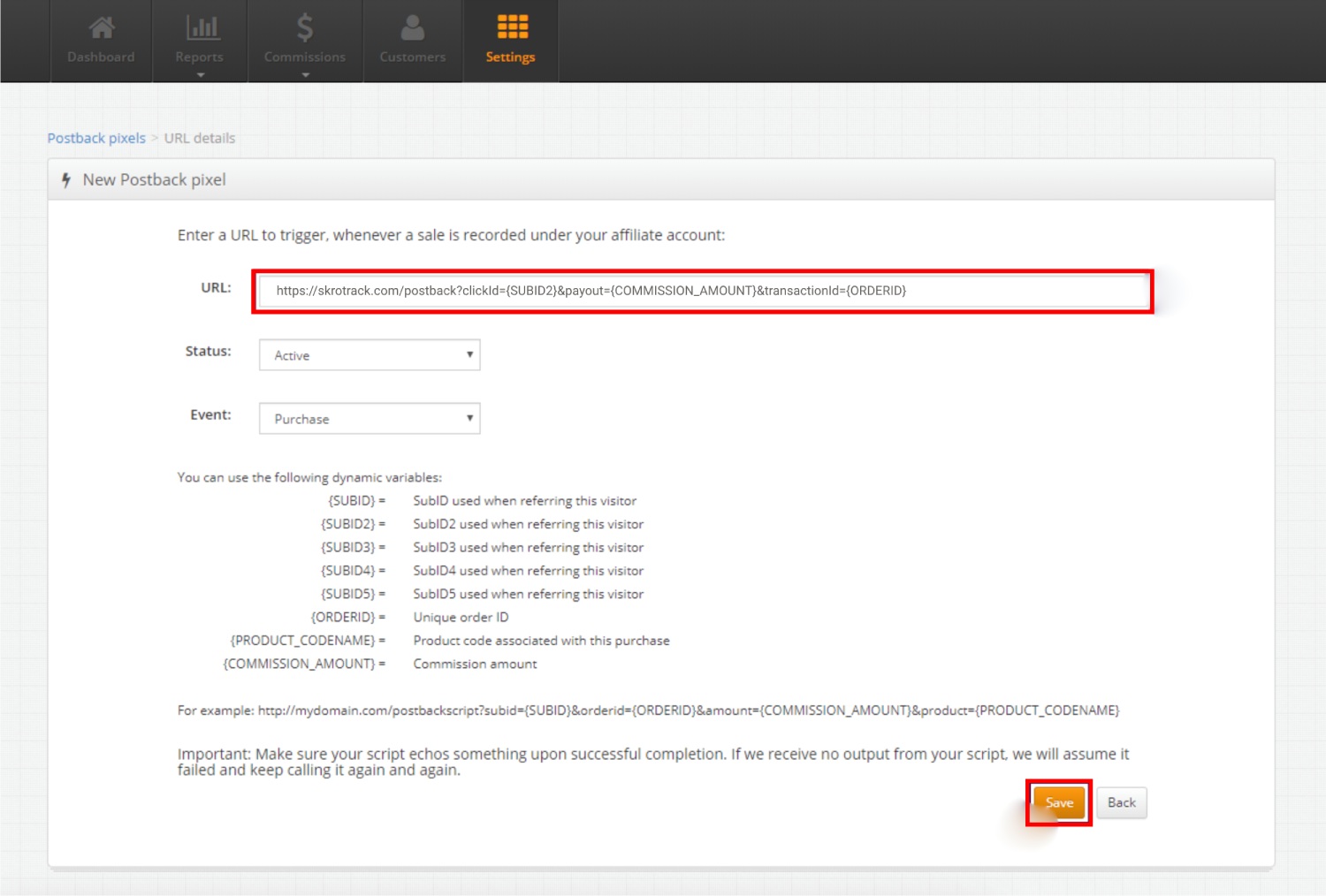 Add maxWeb postback pixel