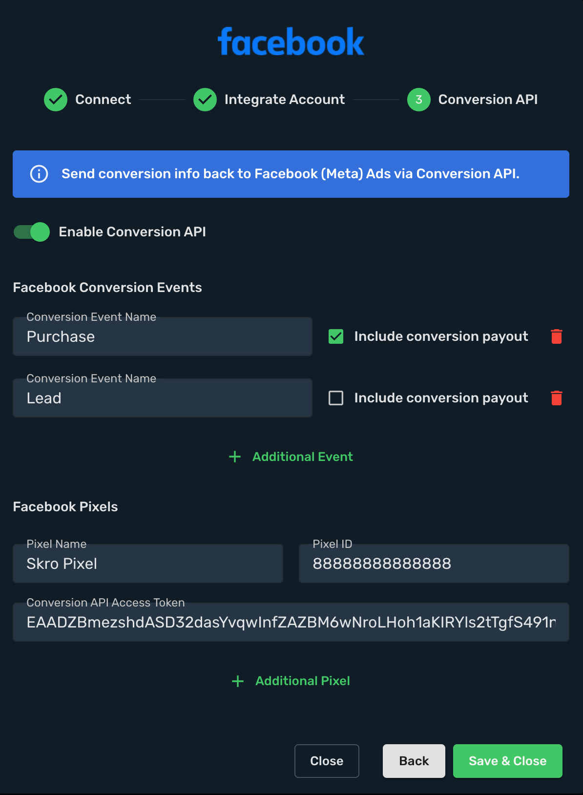 Meta conversion events, pixel, and access token settings
