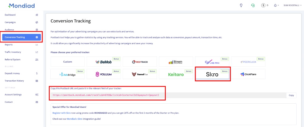 Setup Mondiad conversion tracking step 1