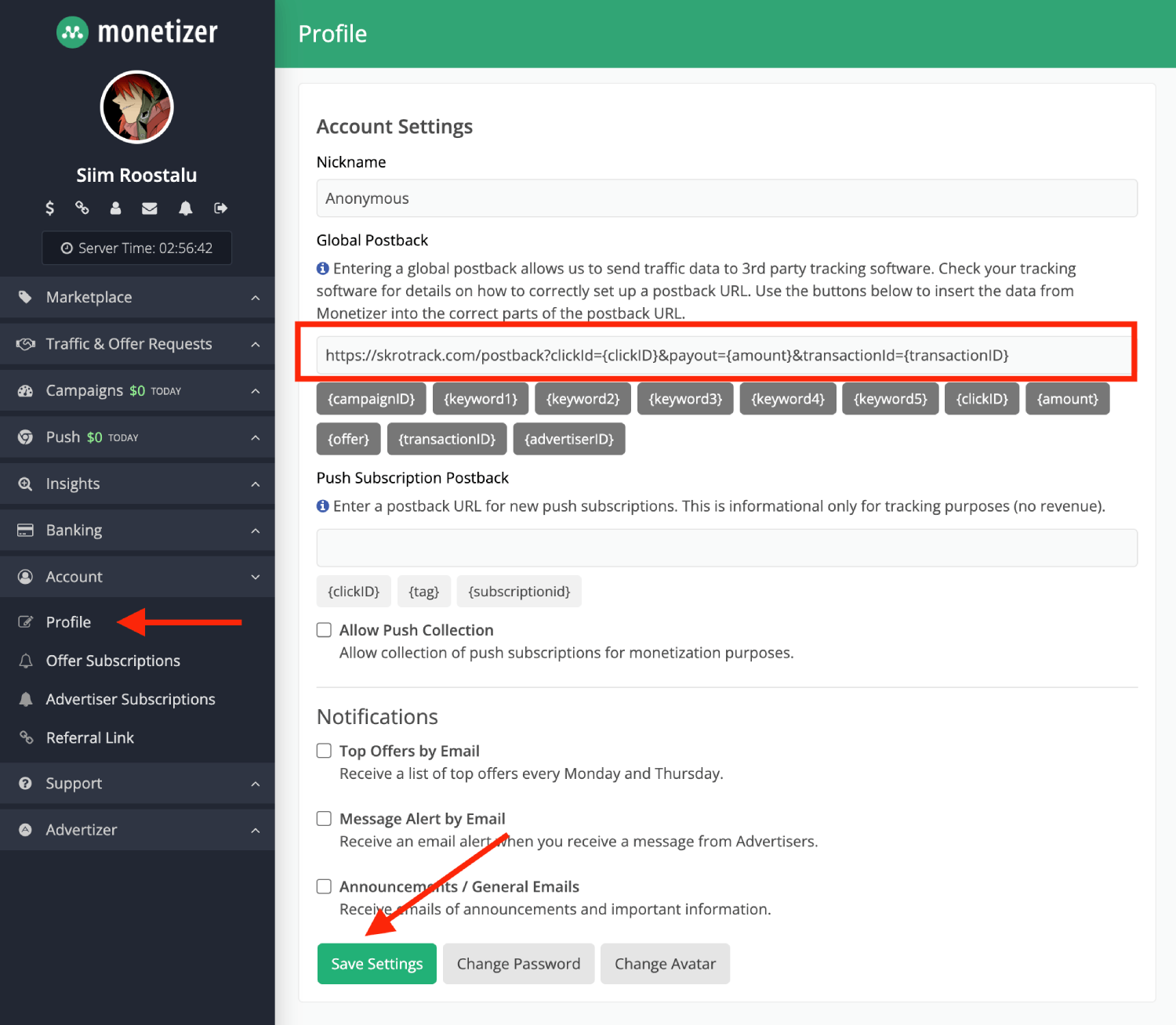Add Monetizer postback URL 1
